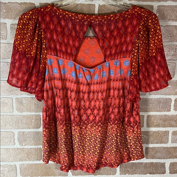 Lucky Brand Top Women’s Red Boho Print Flutter Sleeve lightweight Summer Large - Picture 6 of 12